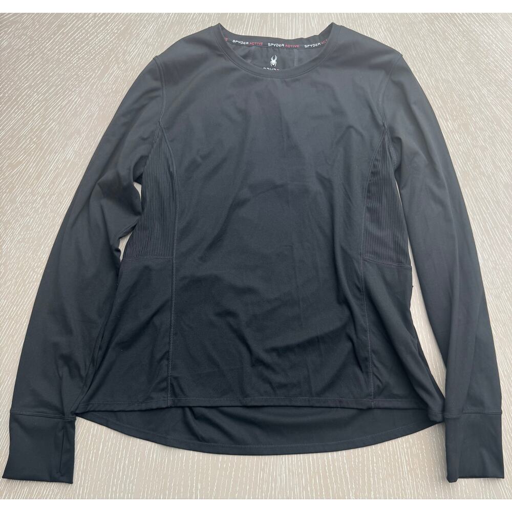 Spyder Active Womens XL Black Long Sleeve Workout Top Zipper Pocket Thumbholes